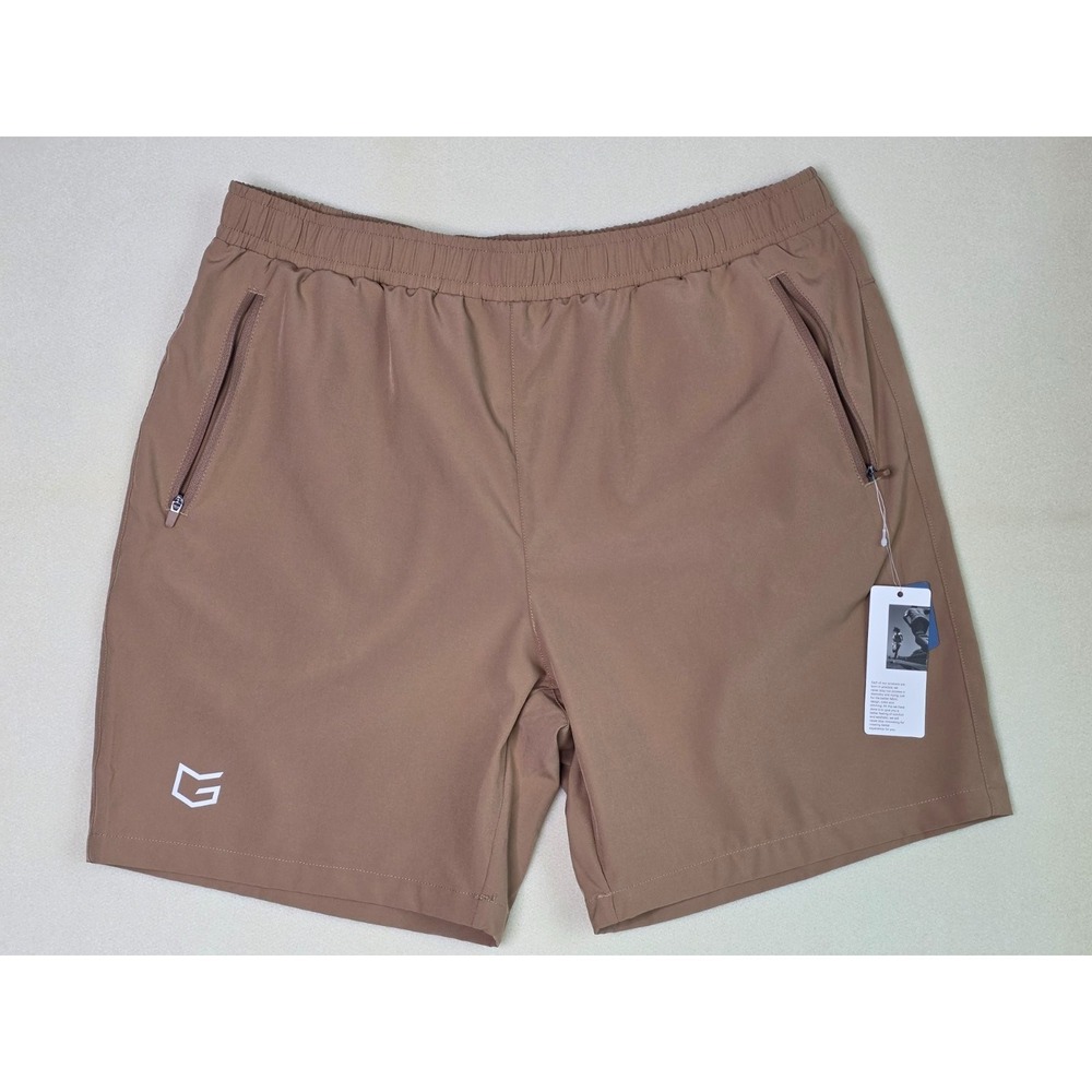 G Gradual Men's Athletic‎ Shorts Size 7 L Large Beige Brown Zip Pockets Gym NEW